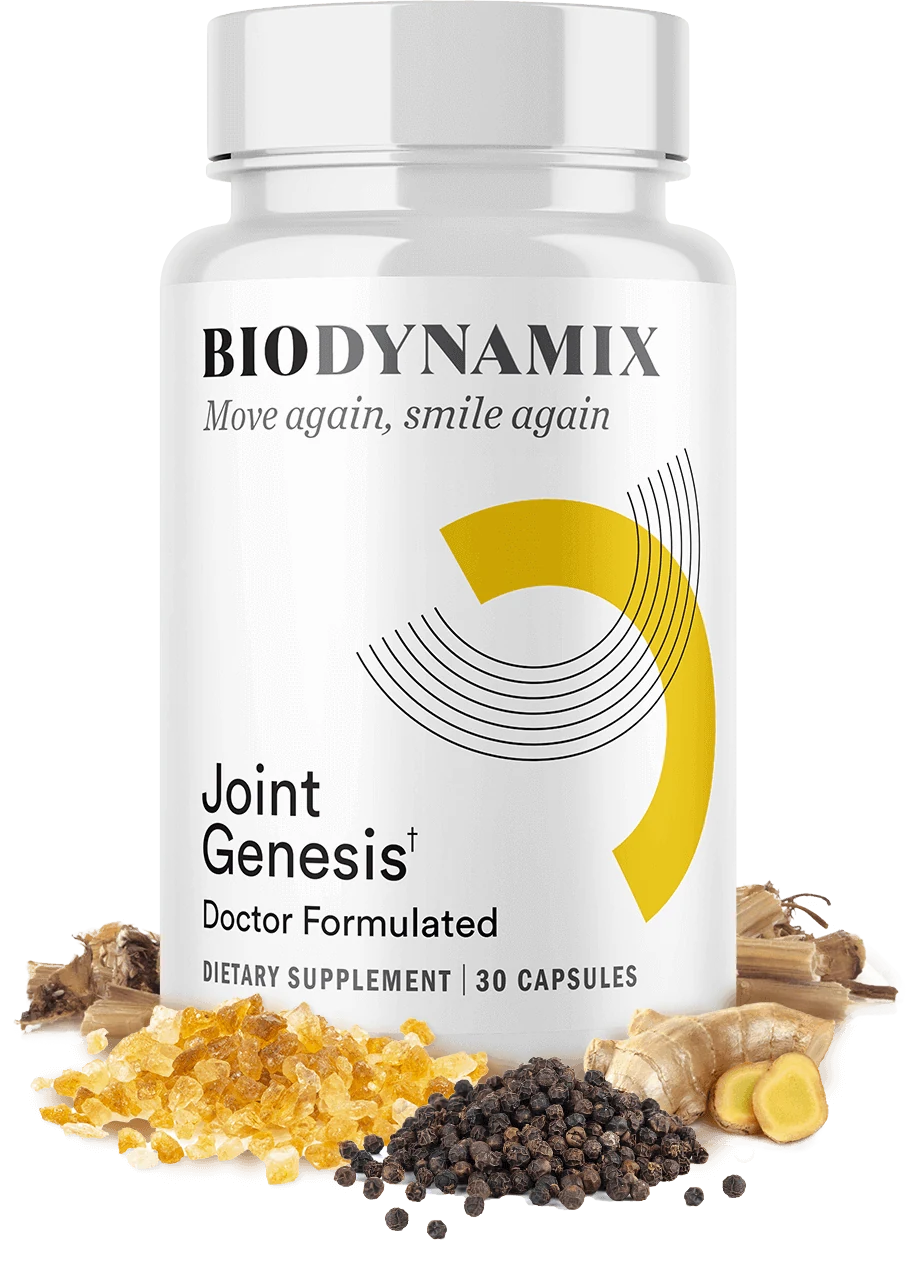 Joint Genesis bottle beside ginger root, black pepper and capsules – key joint support ingredients