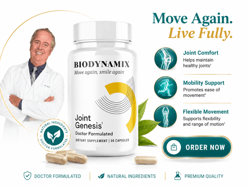 Doctor-formulated Joint Genesis joint support supplement bottle with mobility and flexibility benefits