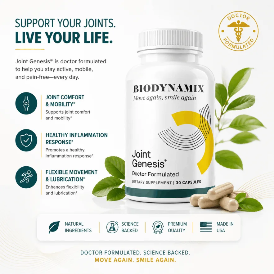 Joint Genesis bottle infographic: joint comfort, healthy inflammatory response, flexible movement and lubrication support
