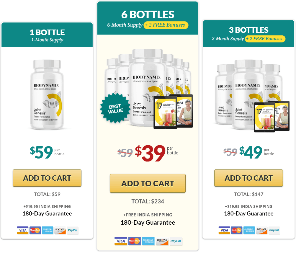 Joint Genesis price packages: 1 bottle, 6 bottles and 3 bottles with 180-day guarantee