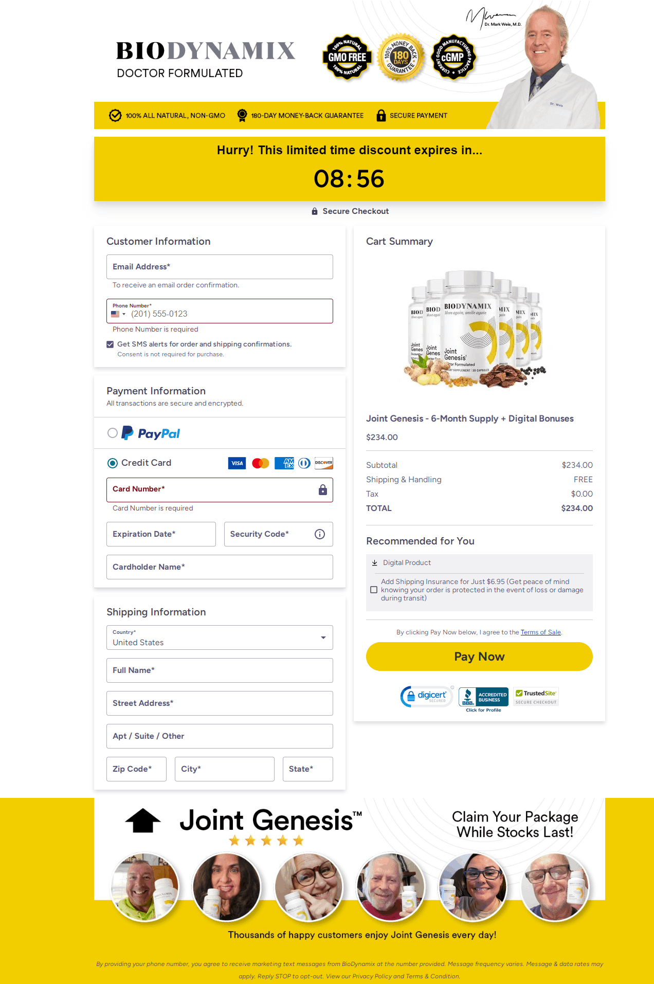Preview of the Joint Genesis secure official checkout page with order summary and 180-day guarantee