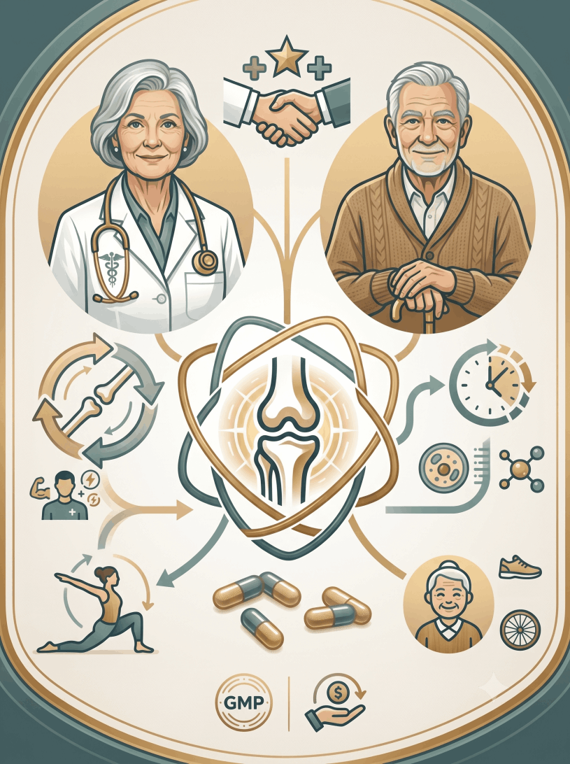 Illustration of healthy joints and synovial fluid support with doctor-formulated Joint Genesis for active seniors